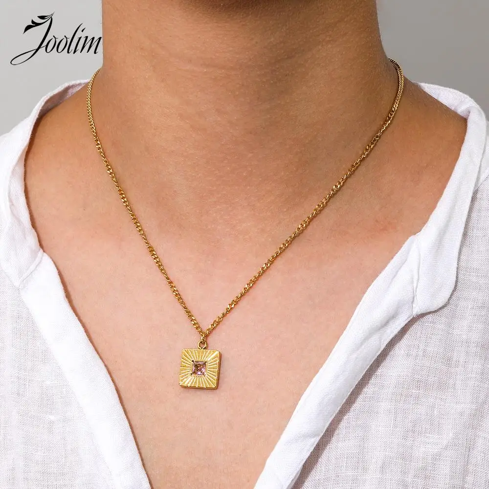 Joolim Jewelry Wholesale Waterproof Trendy Sweety Square White& Pink Zirconia Brand Pendant Stainless Steel Necklace for Women