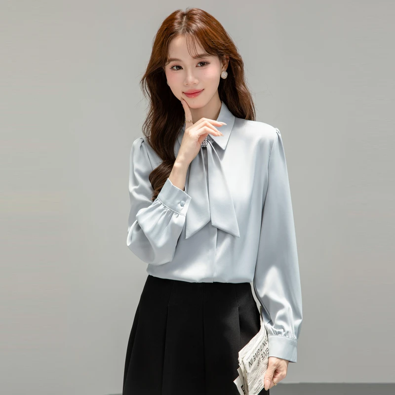 

Повседневные женские блузки, однотонные офисные женские рубашки, модные свободные летние корейские версии, одежда с длинными рукавами и шифоновым бантом, женский топ