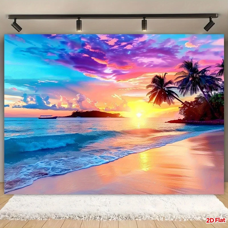Romantic Coastal Sunset Sky with Pink Clouds and Palm Trees Wall Mural 2D HD Print Zen Aesthetic Landscape Art Nature Theme