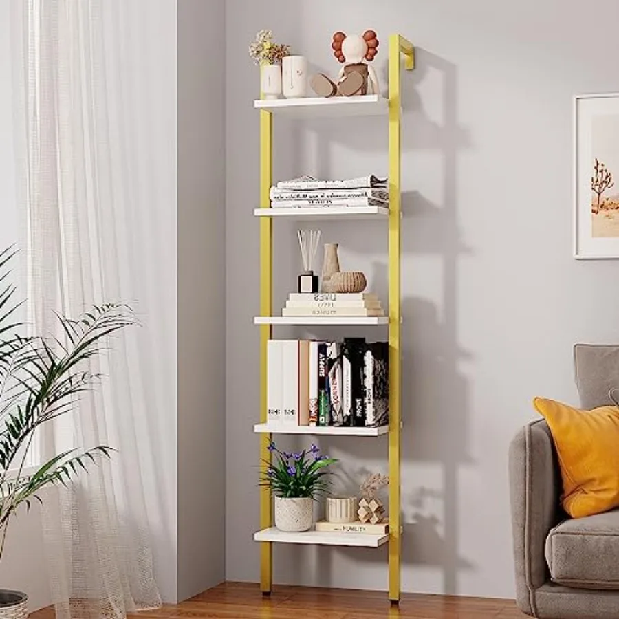 

5 Tiers Ladder Bookcase Industrial Wall Mounted Bookshelf Open Display Rack with Metal Frame Wooden Storage Shelves for Bedroom