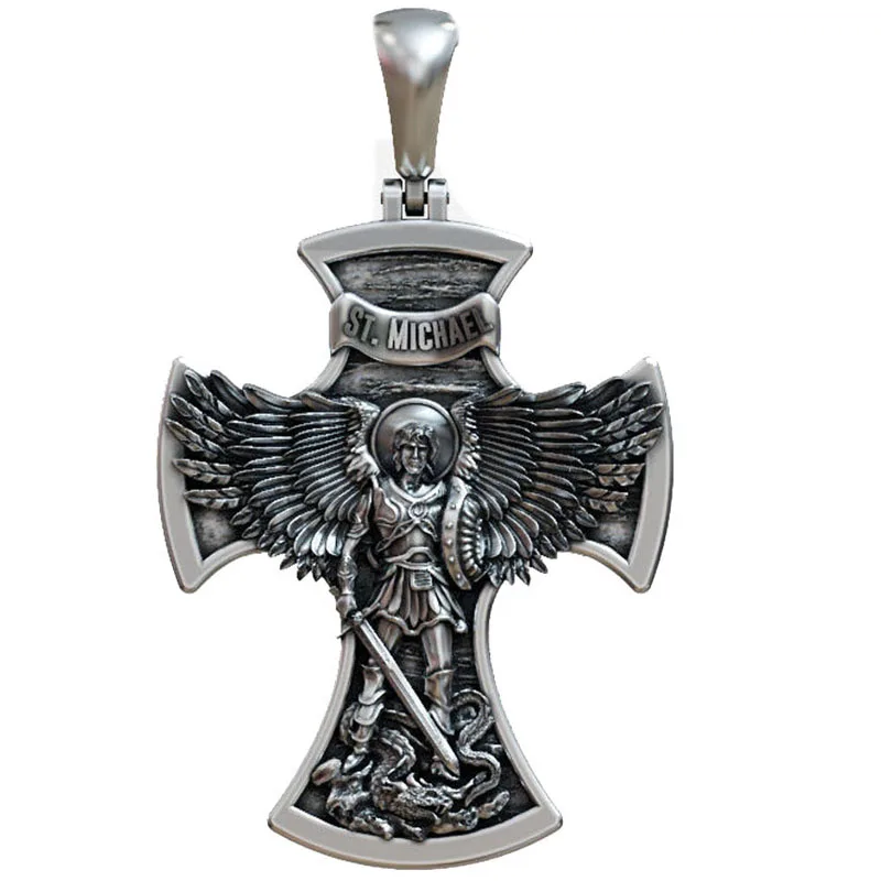 

21g Long Big Cross Saint Michael The Archangel With Prayer Pendant Customized 925 SOLID STERLING Silver High Trendy