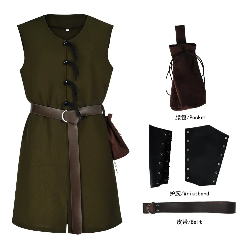 Medieval Viking Tunic Shirt V-Neck Sleeveless With Belt Mid Length Cosplay Performance Halloween Costume Pirate - view 5