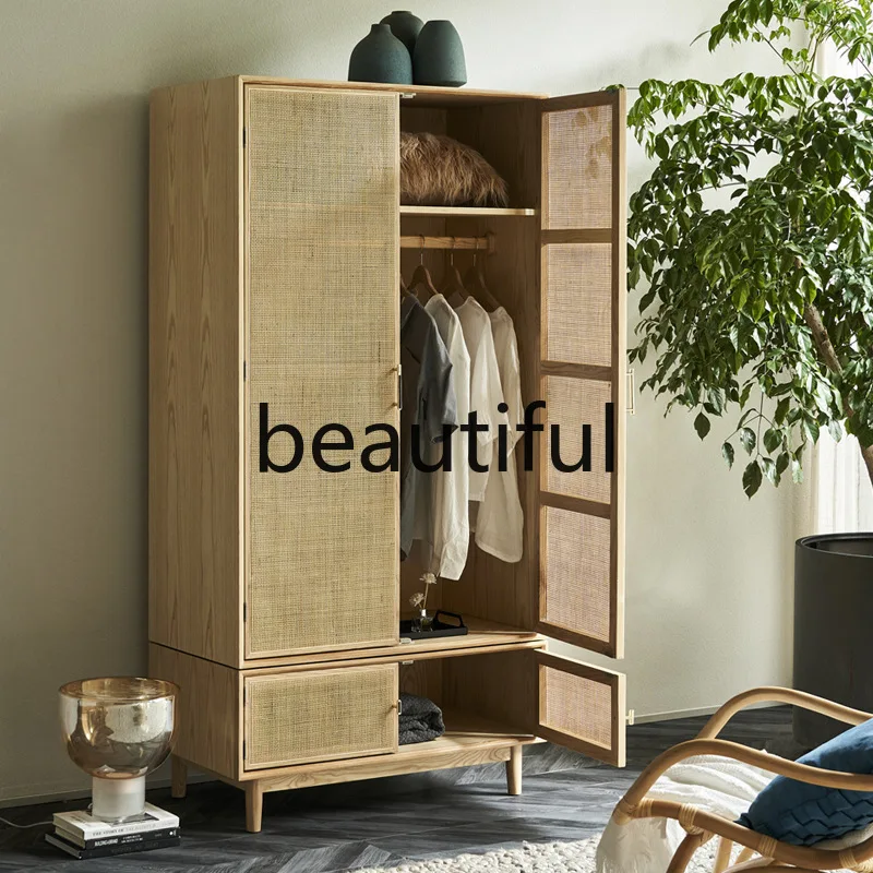 Nordic household sliding door wardrobe simple solid wood wardrobe creative homestay rattan locker