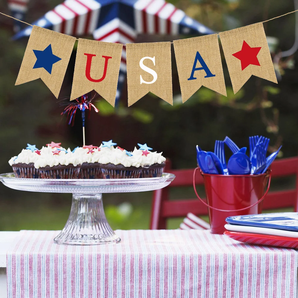

2M USA Bunting Banner Patriotic Flags Fourth of July Independence Day Thick Burlap Reusable Wall Table Tree Decoration Freedom
