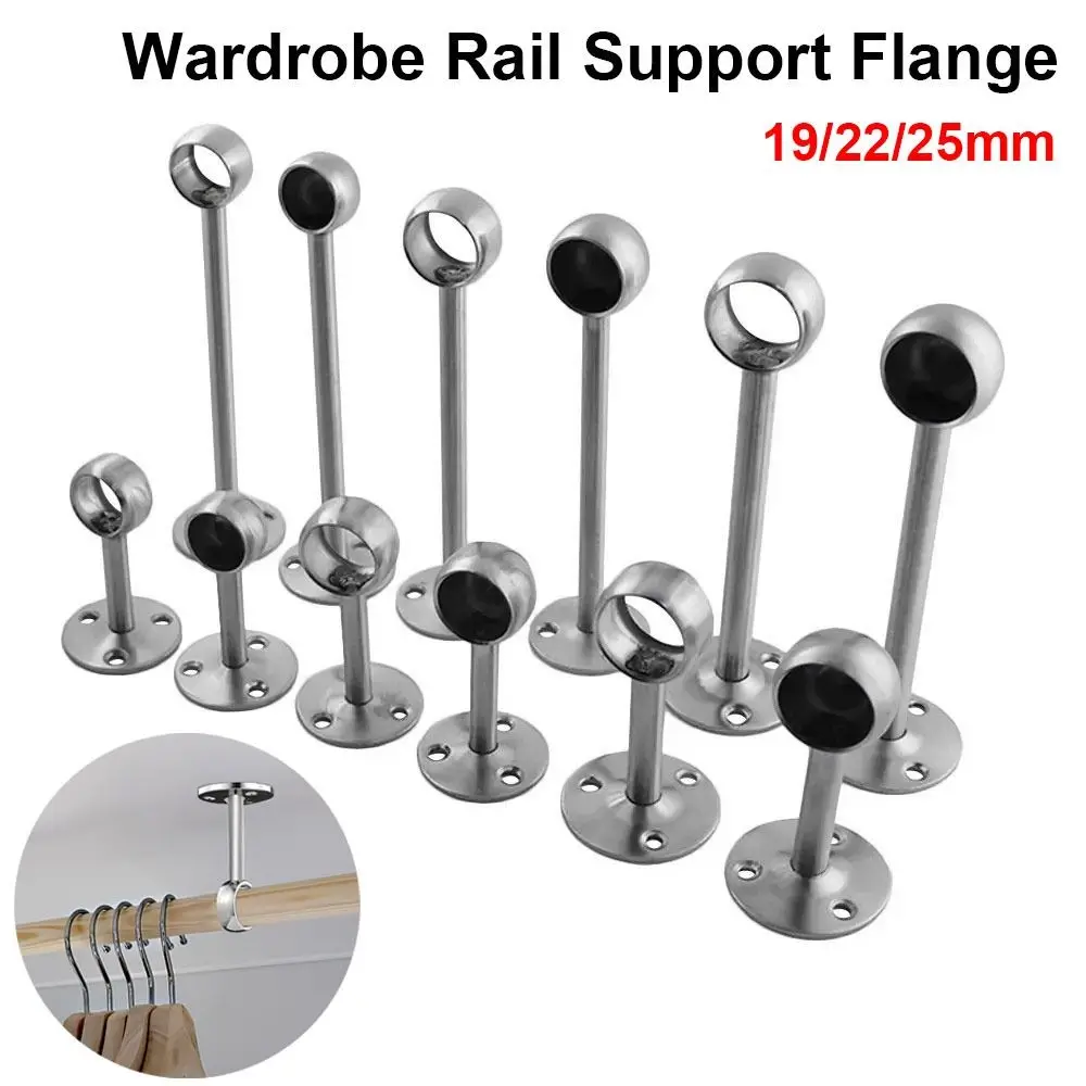 1Pcs Stainless Steel Pipe Bracket 19/22/25mm Half/All Pass Wardrobe Rail Support Flange Wardrobe Hanger