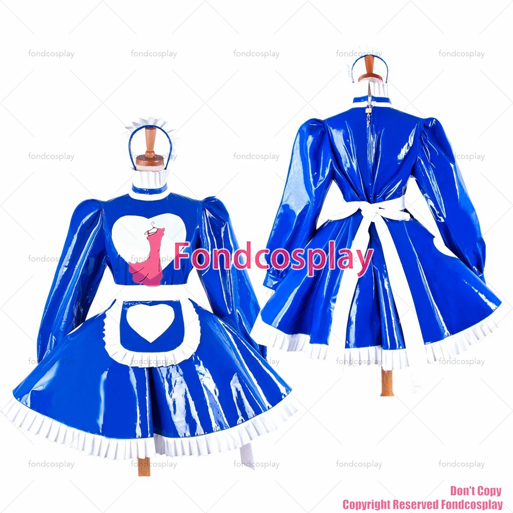 fondcosplay sexy cross dressing sissy maid short heart heavy PVC Maid Dress lockable blue French Uniform CD/TV [G1594]