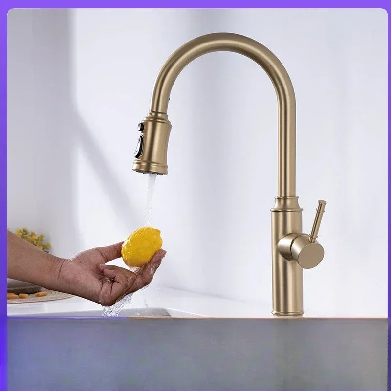 Kitchen pulling faucet, stainless steel vegetable basin sink, telescopic anti-splash hot and cold household faucet CF2403