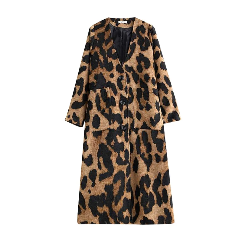 Beautyblue New in Coats&jackets Leopard Elegant Coat Woman Long Sleeves Pockets Split-Joint V-Neck Outerwear Female Trench Coats