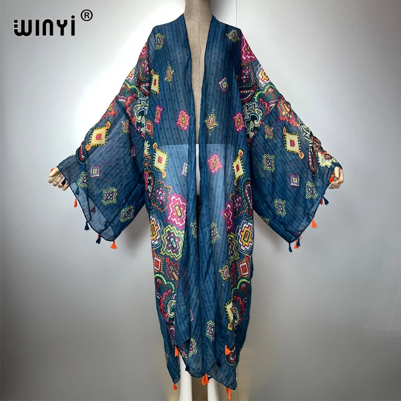 WINYI Boho Kimono Druck Frauen Mantel Lose Quasten Langes Kleid Strand Urlaub Schwimmen Cover Up Party Kleider Luxus Dubai Abaya