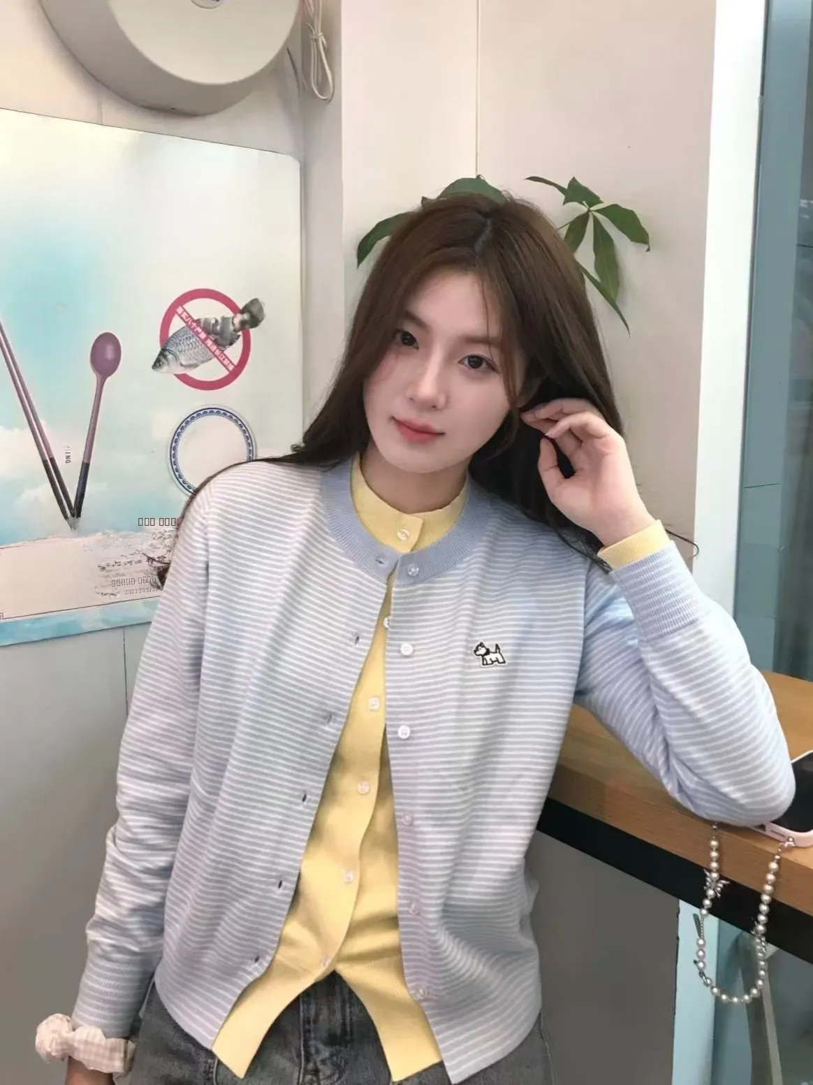 الكورية كلية Sle مخطط متماسكة سترة المرأة الخريف الشتاء لينة مريحة وهمية قطعتين طويلة Sve جولة Ne ملابس خارجية دافئة