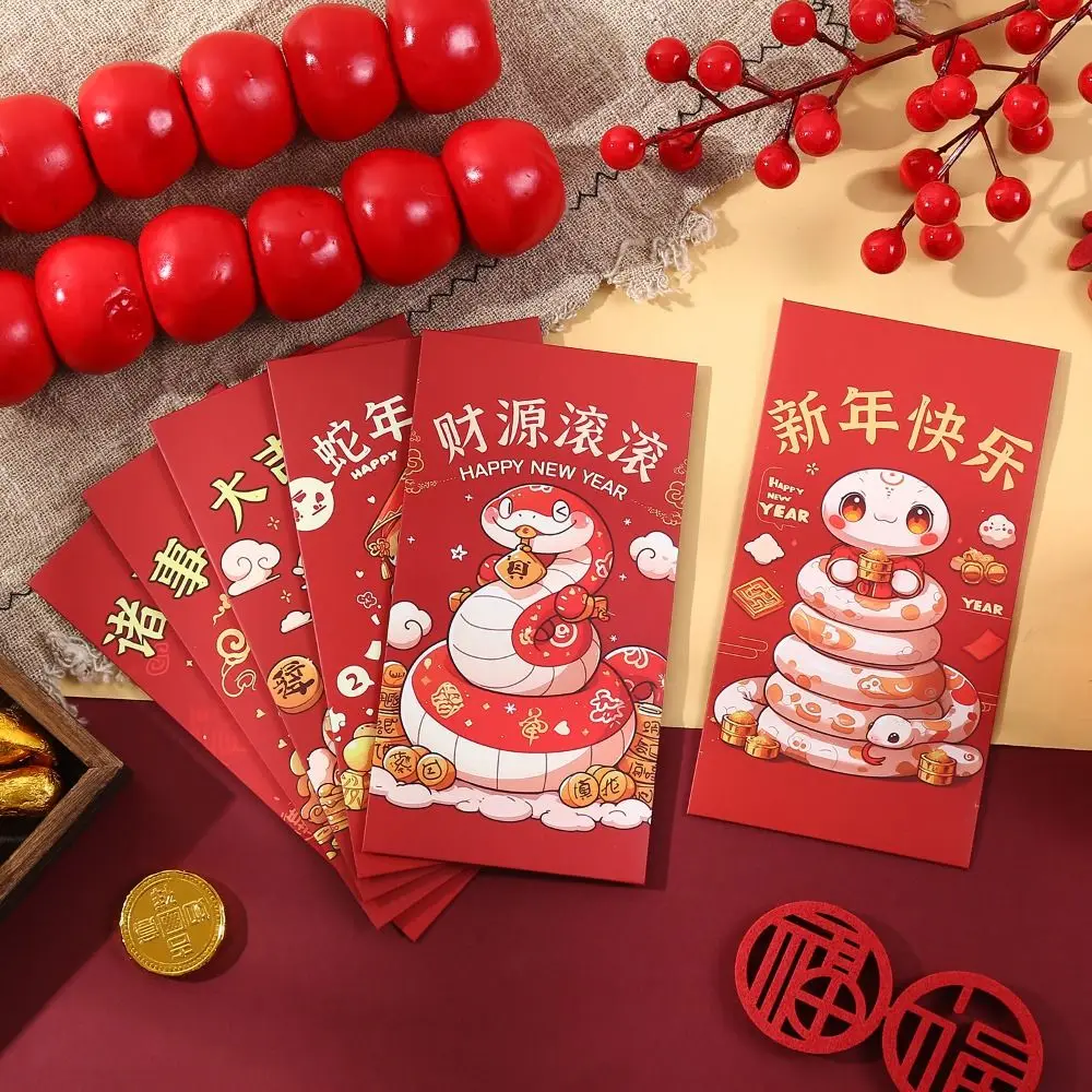 Sobres rojos tradicionales del año del serpiente 2025, 6 uds., bendición Hongbao, Año Nuevo Chino, bolsillo rojo, paquetes rojos gruesos de buena suerte