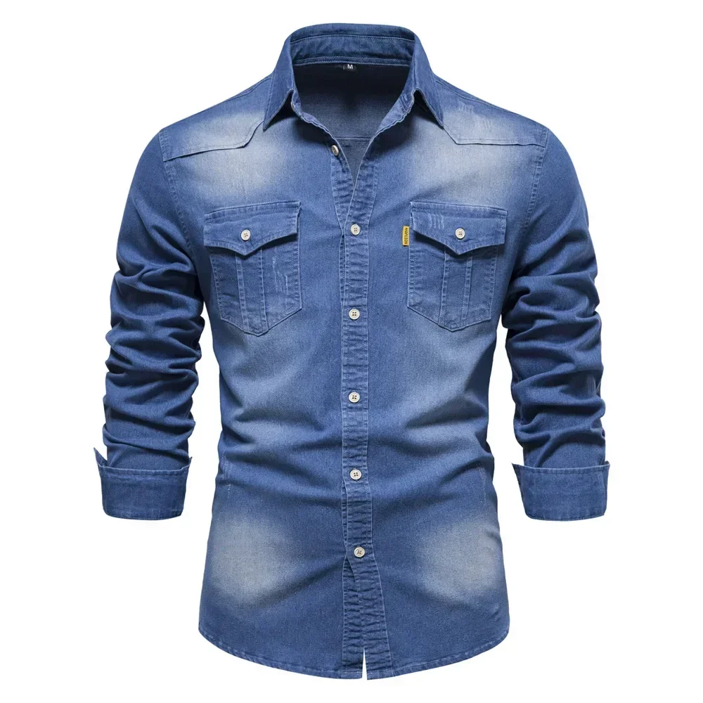 Nueva camisa vaquera sin hierro para hombre, camisa informal de manga larga ajustada y versátil de Color sólido para primavera y otoño, ropa para hombre