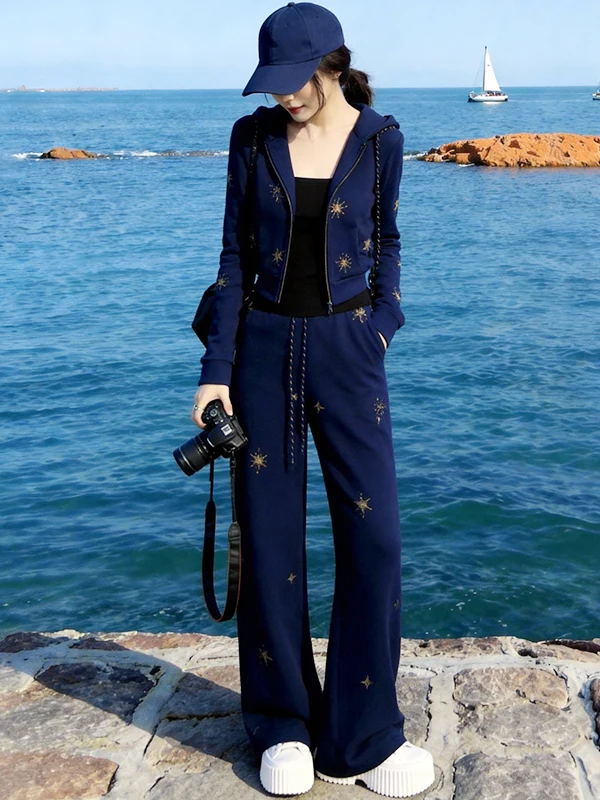 

Unique Casual Sportswear Set Women's Short Coat Top Wide Leg Pants Two Piece Set Spring Fashionable Comfortable High Waist