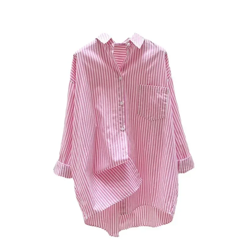 SCHÖNES lässiges gestreiftes Hemd für Damen mit Knöpfen, mittellang, vorne, kurz, hinten, lang, künstlerischer Stil, Frühling und Sommer, Neuankömmling