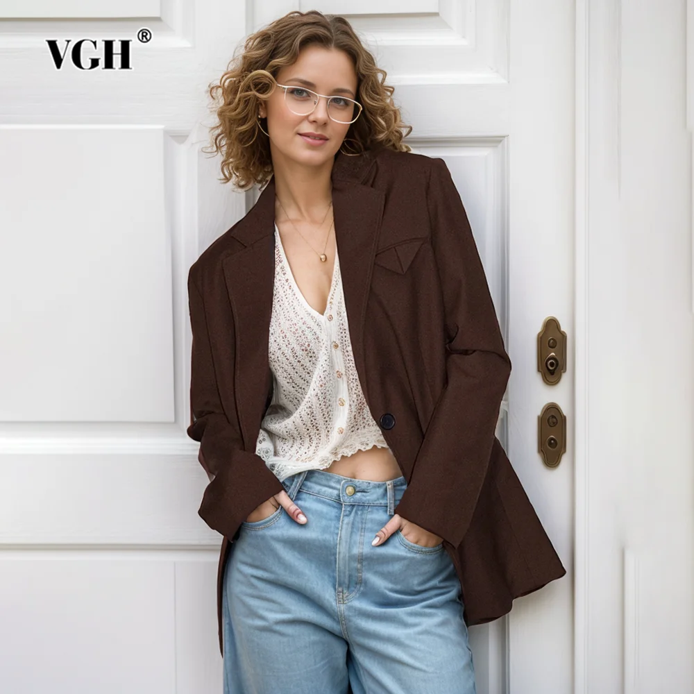 

VGH Solid Elegant Blazers For Women Notched Color Long Sleeve Gathered Waist Temperment Coats Female 2024 Fashion Clothing New