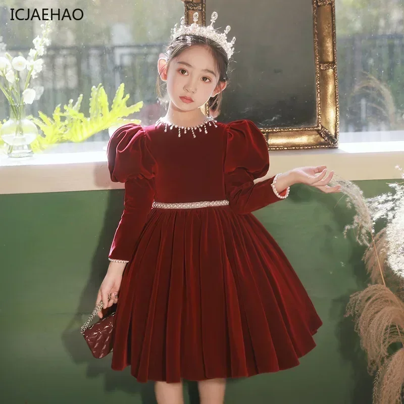 2025 Children's Dress Girls' PrincessWinter Spring Clothes Host Piano Dress Red Dress High-End New Year Birthday