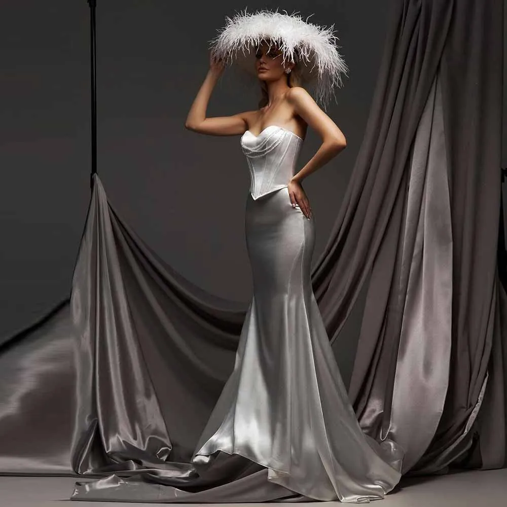 

Modern Wedding Party Dresses Satin Mermaid/Trumpet Celebrity Dress Silvery Sweetheart Beading Ruched Evening Gown Long 2025