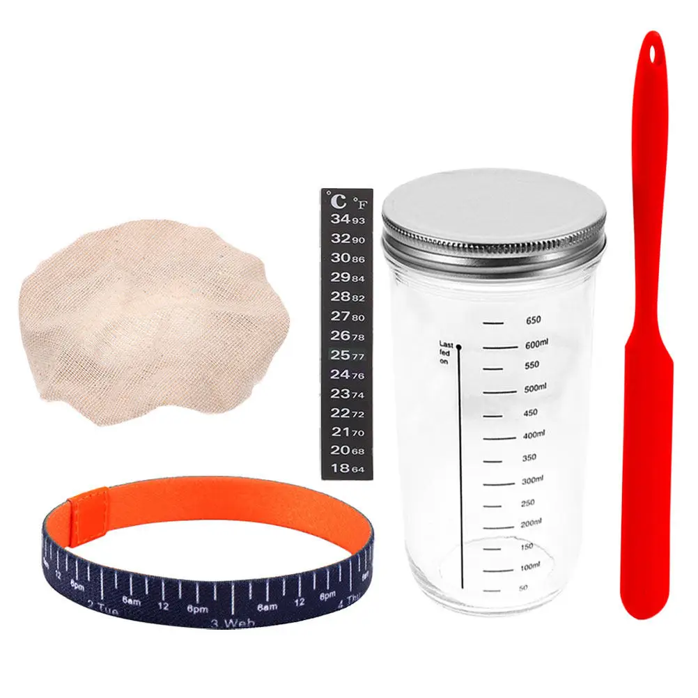 1Set Glass Sealed Sourdough Starter Jar Set Fermentation Container with Measurement Scale Easy Clean Silicone Scraper Secure Fit