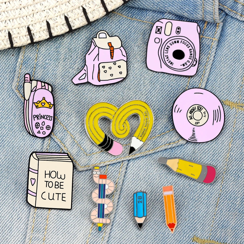 Kids Creative Enamel Pins Childhood Funny Flip Phone Twisted Pencil Schoolbag Brooch Anime Camera CDs Badge Jewelry Student Gift