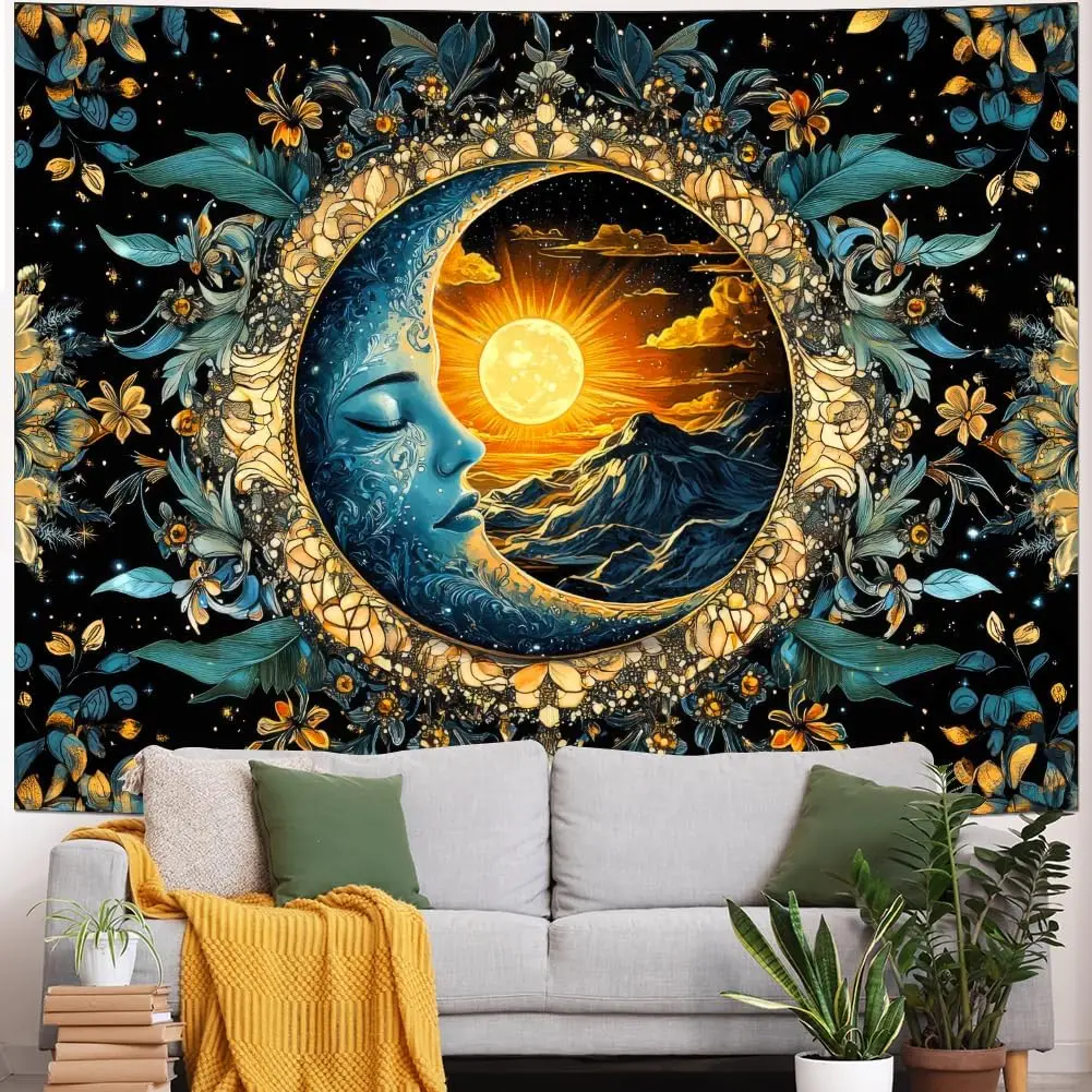 Sun and Moon Tapestry Boho Hippie Mystic Floral Tapestry Aesthetic Vintage Flower Plant Wall Tapestries Starry Night Mountain
