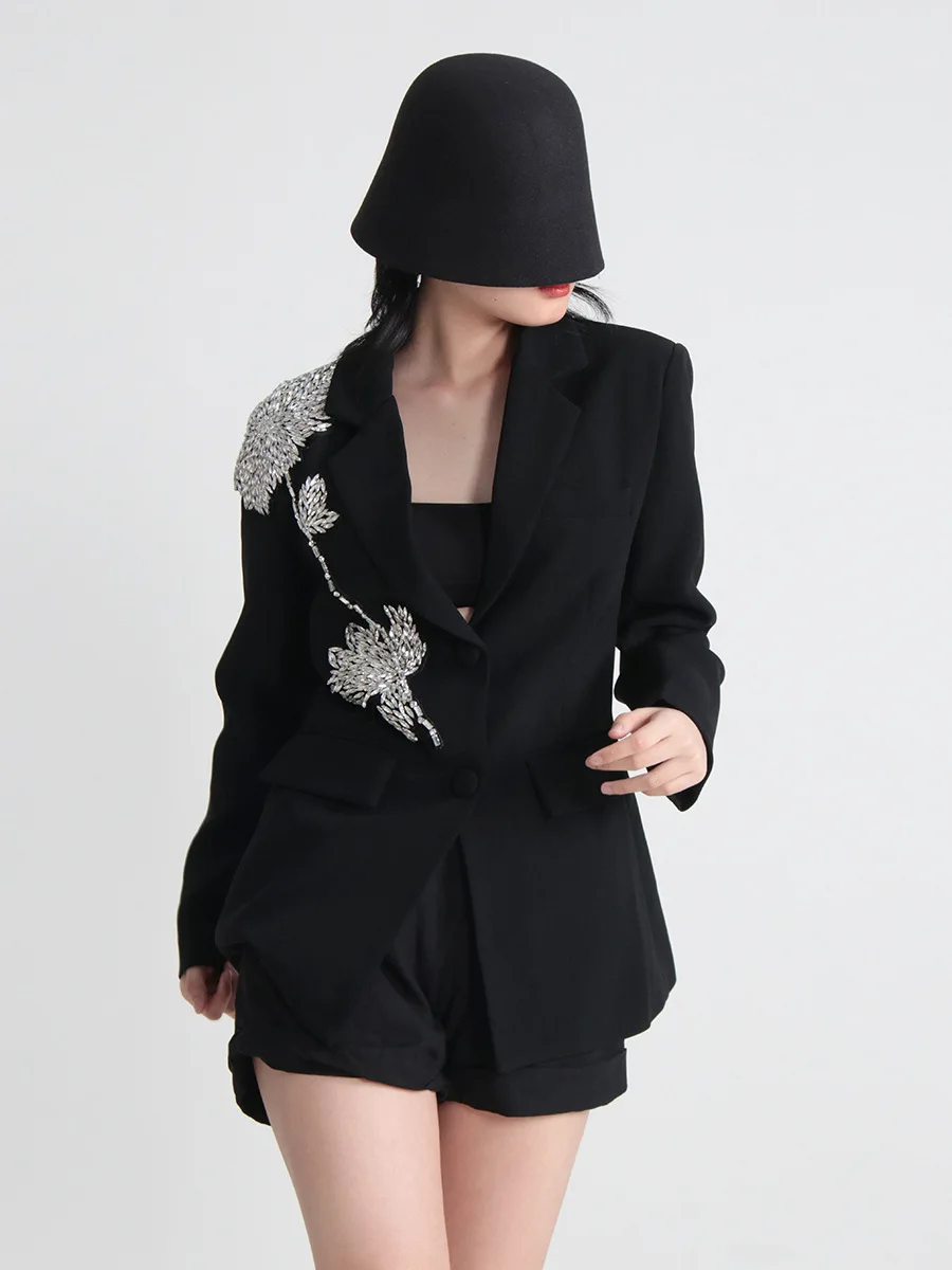 women's elegant embroideried flares solid floral blazer coat lapel long sleeve single breasted slim blazer jacket