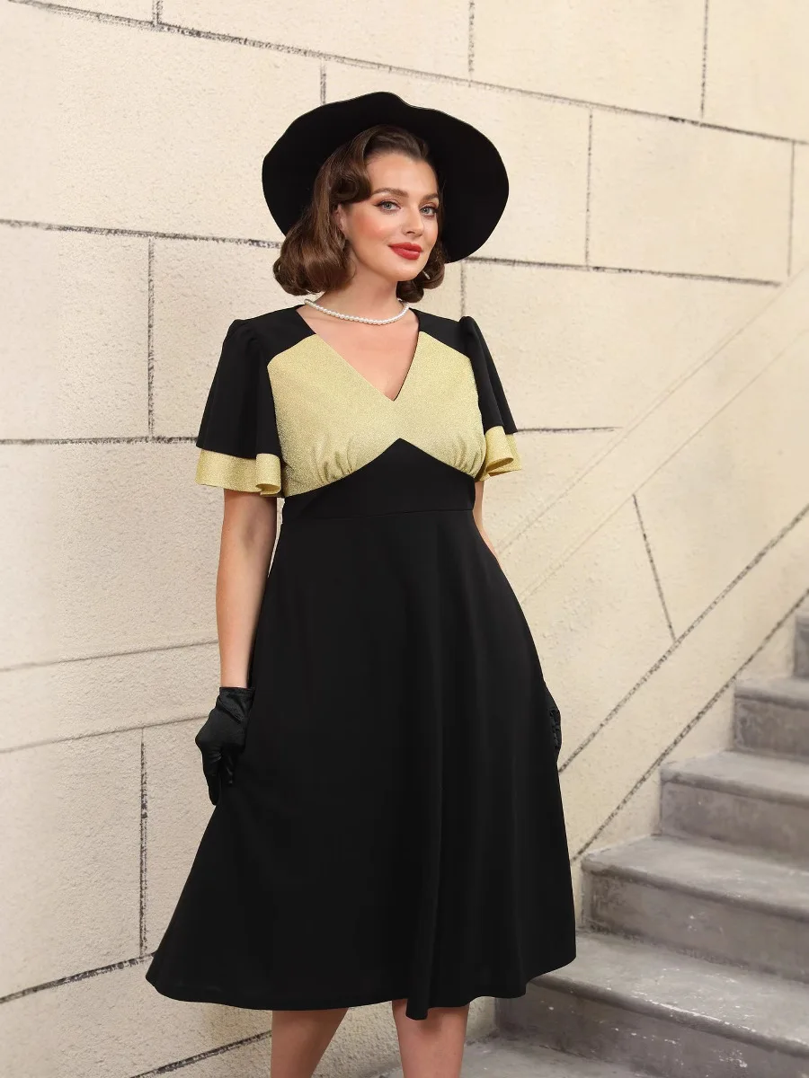 

plus Size Retro Color-Block Glitter Gold Dress with Lotus Leaf Sleeves Slimming Elegant Design New 2025