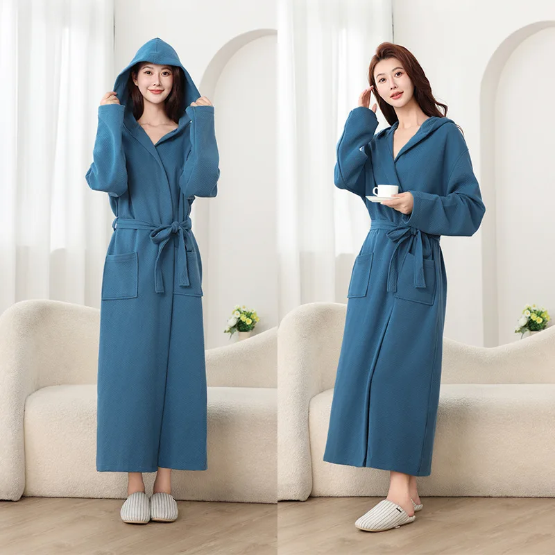 Extended Hooded Bathrobe Cotton Absorbent Bathrobe Hotel Couple Nightgown Autumn and Winter Four Seasons Cross-Border Amazon Del