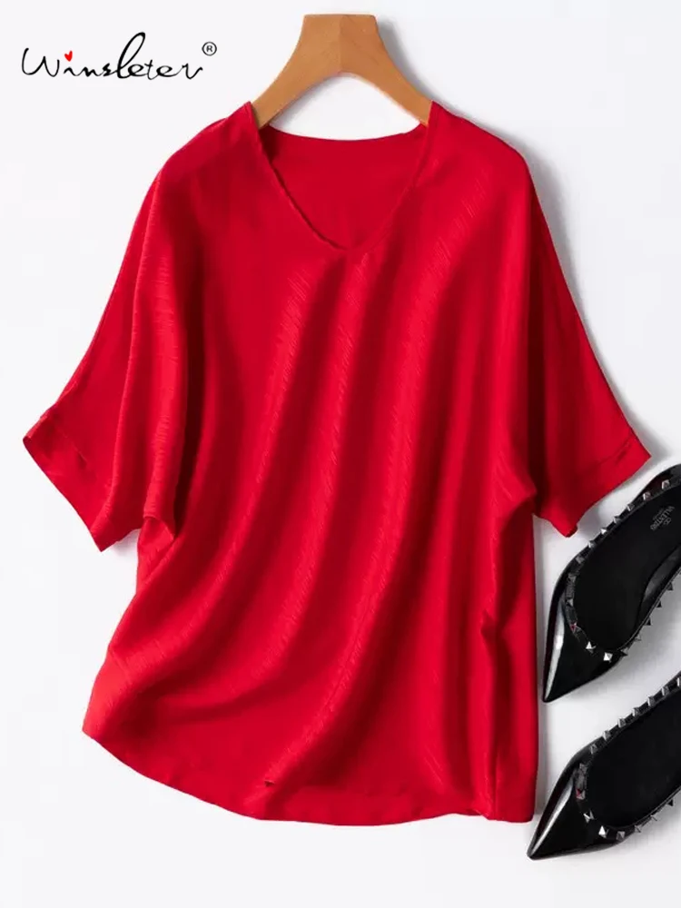 

Winsleter, 20MM 93%Real Silk Elegant T-Shirt, Women Batwing Sleeve V Neck Solid, Basic Commute Tops, 2024 Summer Autumn T46972QC