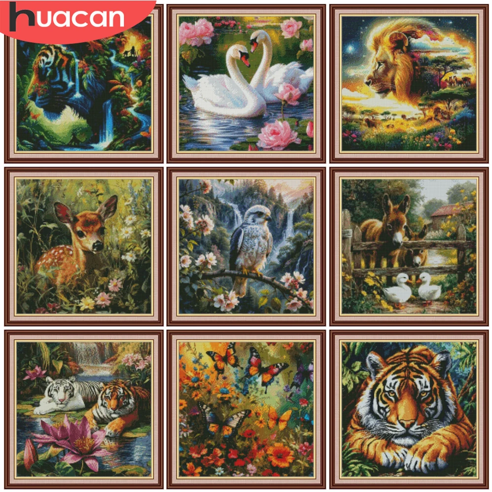 HUACAN 11CT Kreuzstich-Set mit Waldtier-Motiv, inklusive Fäden, Stickerei, Tiger, Löwe, Handarbeit, bedruckte Leinwand