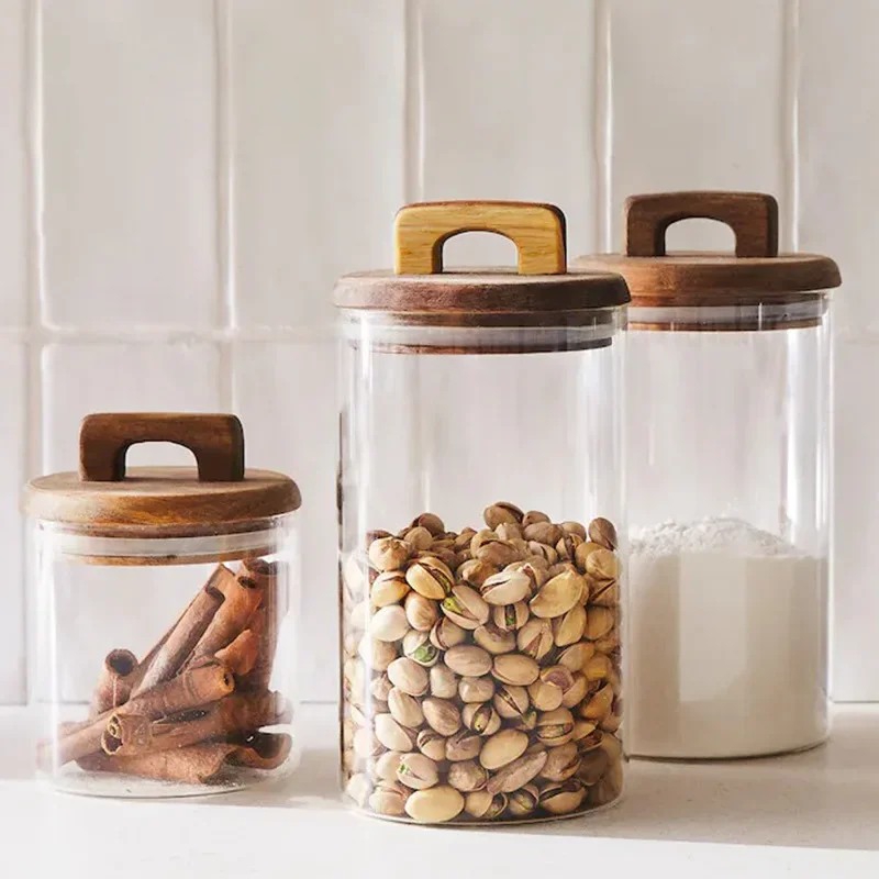 Wooden Glass Food Storage Tank Kitchen Coffee Beans Candy Tea Granules Household Snack Storage Tank