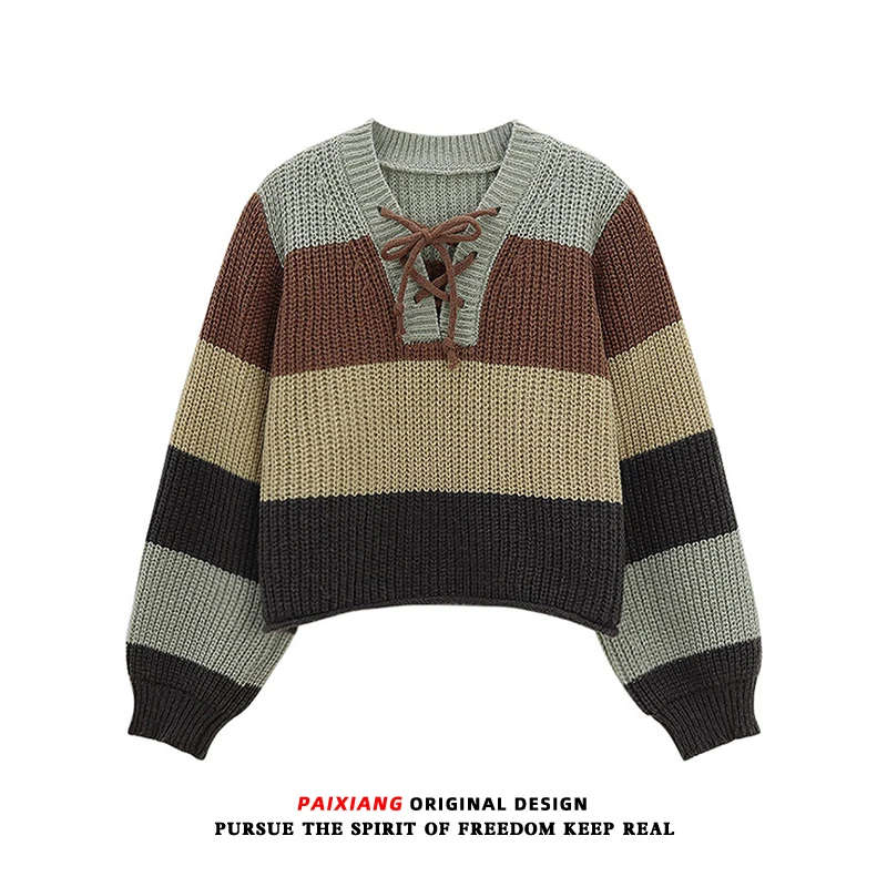 

Women's Stripe Knitwear ort Sle Belted Inner Wear Top Vintage Hong Kong Flavor Chic Color Blo Loose Fit Autumn Winter N...