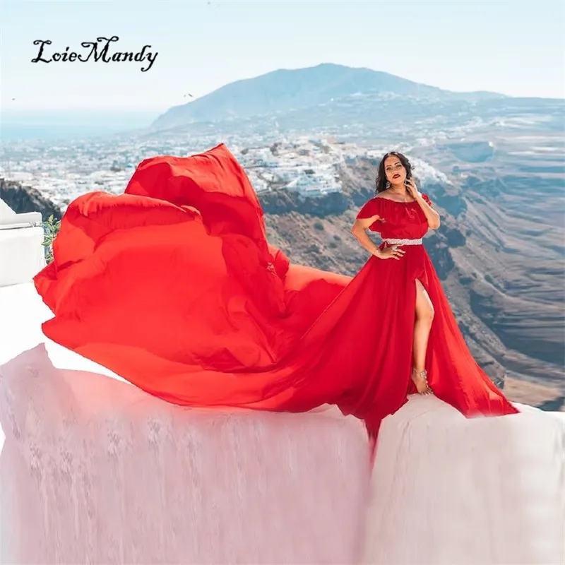 Red Flying Evening Dresses for Photoshoot Elegant Flying Dress With White Belt High Split Long Train Santorini Prom Party Gowns