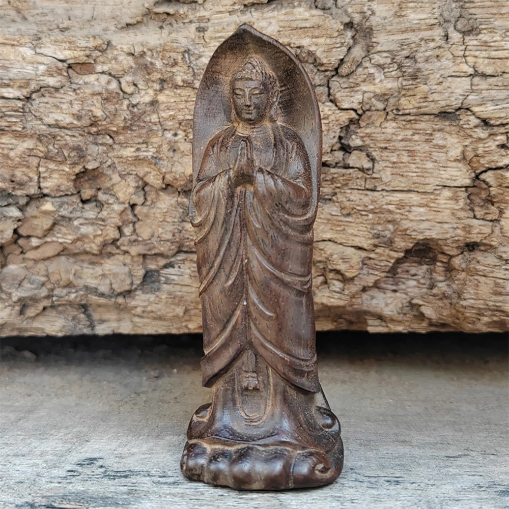 Statues de Bouddha en bois anciennes et simples avec un charme zen |     Ornements d'art religieux oriental de style réaliste traditionnel, statues zen de compassion, décorations de méditation pour la maison.