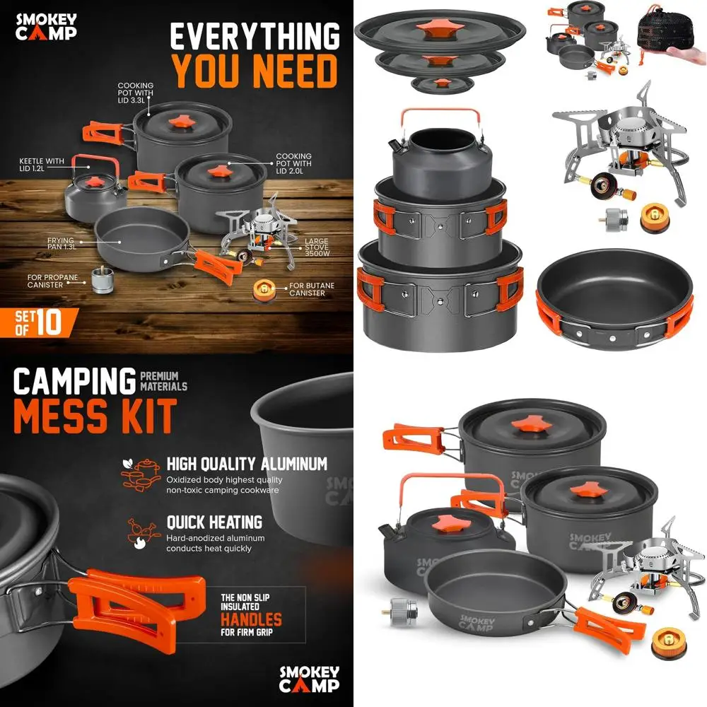 

Компактный набор походной посуды с портативной плитой — легкие антипригарные кастрюли и сковородки для походов, пикников и активного отдыха на природе