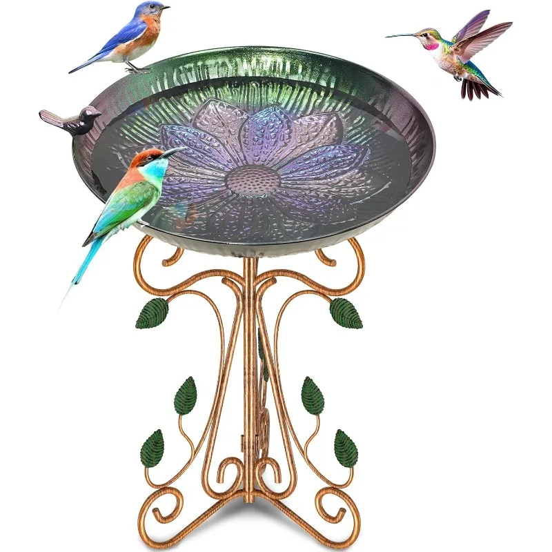 

Vintage Metal Bird Bath for Outside, 13" Dia Birdbaths Bowl with Cast Iron Pedestal, Large Antique Bird Feeder with Folding