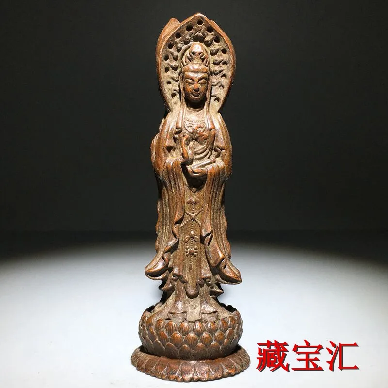 Antique Pure Copper Old Item Three-dimensional Three-sided Guanyin Nanhai Son Blessing Buddha Statue Worship Decoration