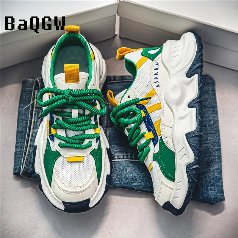 Chunky Sneakers Men Soft Sole Running Shoes Fashion Casual Leather Color Block Design Breathable Height Increased Platform Shoes