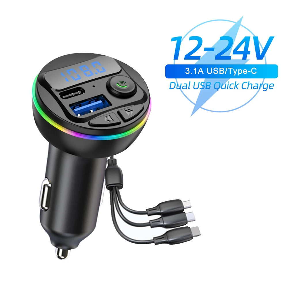 

3 IN 1 Dual USB With Cable Car Charger Fast Charging Adapter Type C FM Transmitter Handsfree Call Bluetooth Music Kit