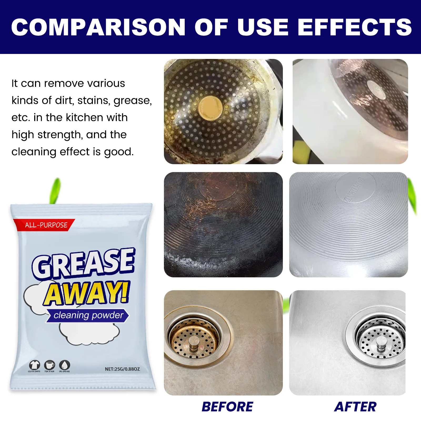 Kitchen Cleaning Powder Heavy Oil Pollution Cleaner Cookware Grease Removal Pots Pans Rust Remover Household Degreasing Agent