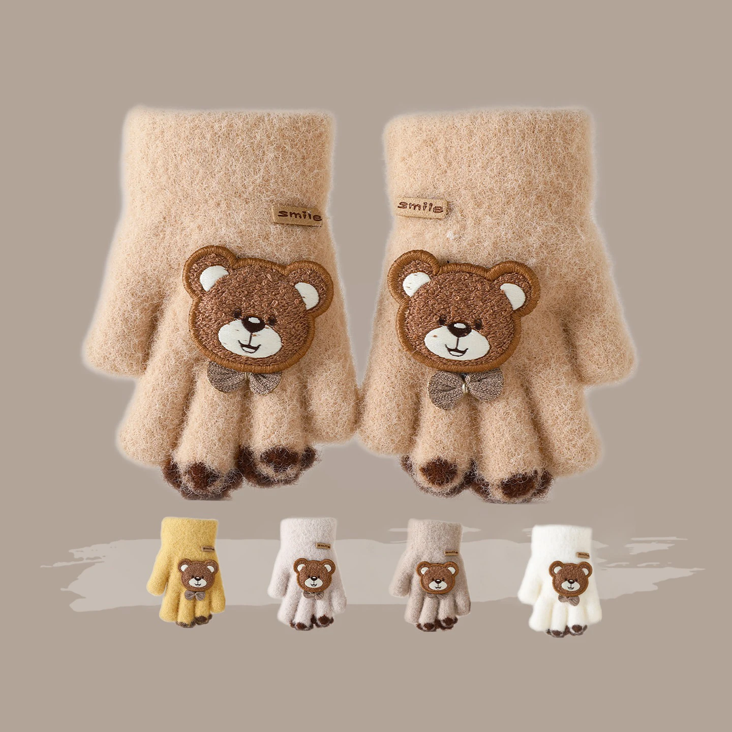 Cute Cartoon Bear Plush Winter Gloves Faux Mink Fluffy Full Finger Gloves Elastic Cuff Sweet Smile Bear Warm Gloves for Girls
