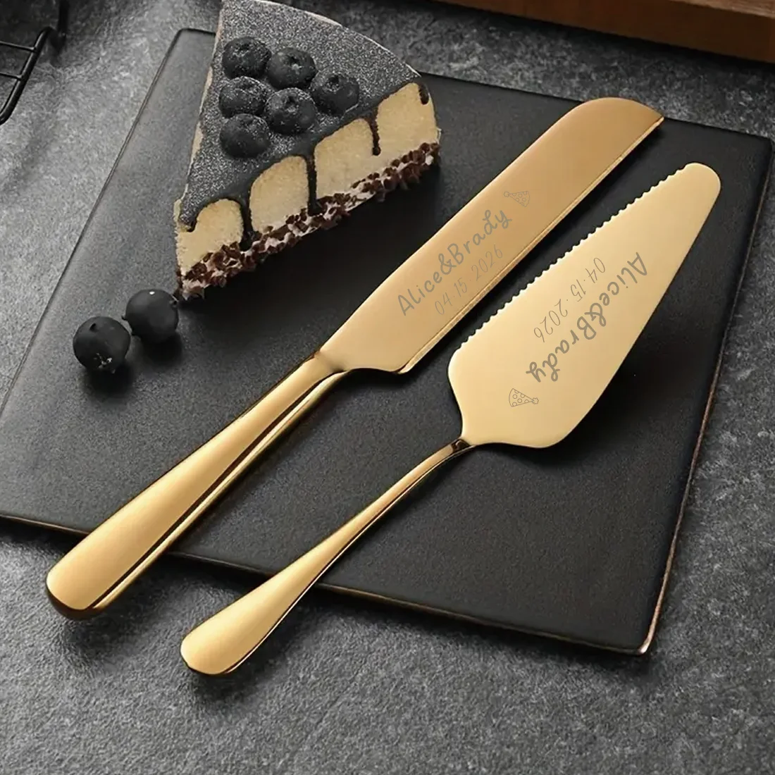2PC Laser Engraved Cake Serving Set, Personalized Name Date Metal Cake Knife Server, Unique Souvenir Gift for Party Anniversary