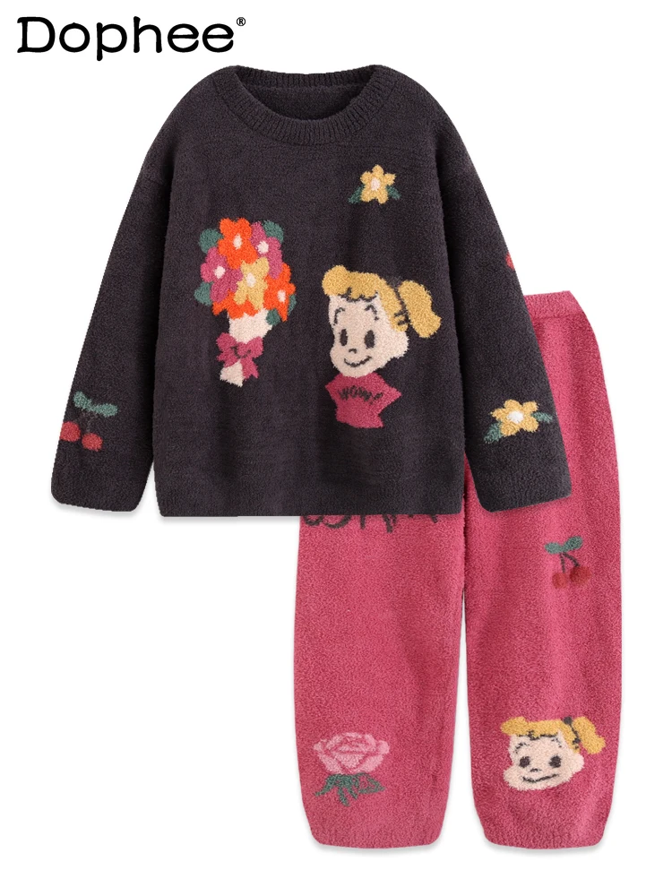 

Winter Japanese Style Cute Girl Long Sleeve Warm Pajamas Coral Fleece Thickened Wearable Soft Casual Wearable Homewear