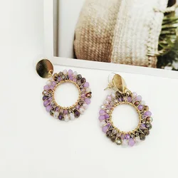 Beaded earrings Circle Retro  Crystal Originality Double-deck Hand knitting Bohemia Alloy Tide Simple Rice bead earrings