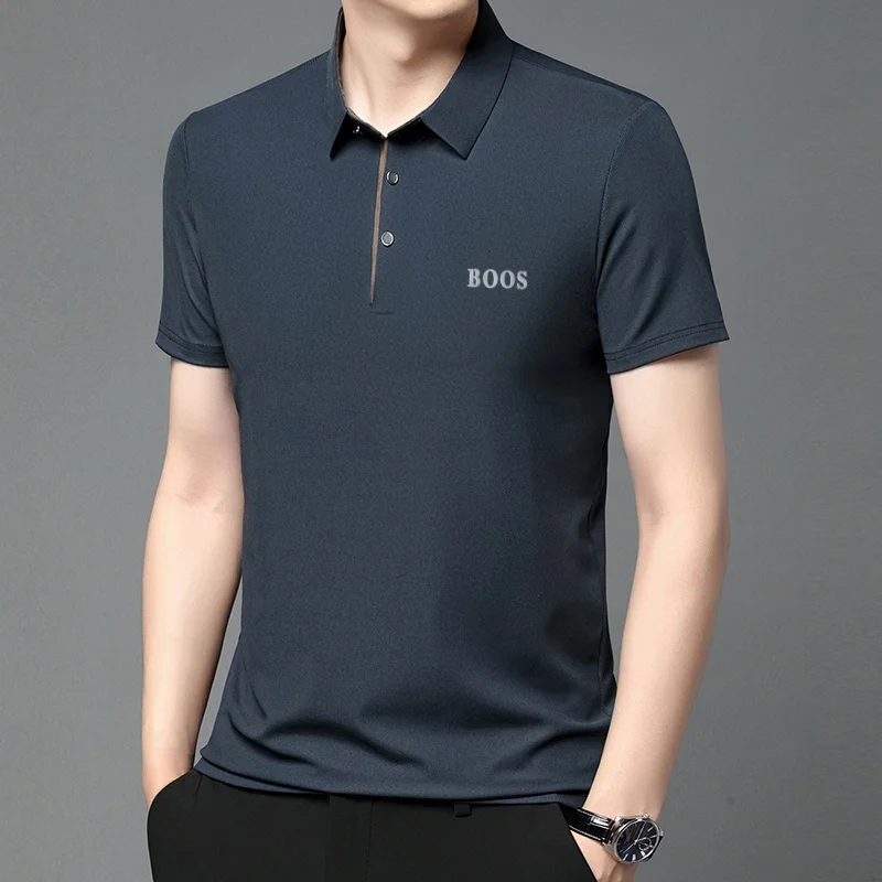 Freizeit-Herren-Kurzarm-Poloshirt mit Revers-Knopfleiste, Einfarbig mit Schriftzug, Bequemes Atmungsaktives Trendiges Herren-T-Shirt – Detail 4