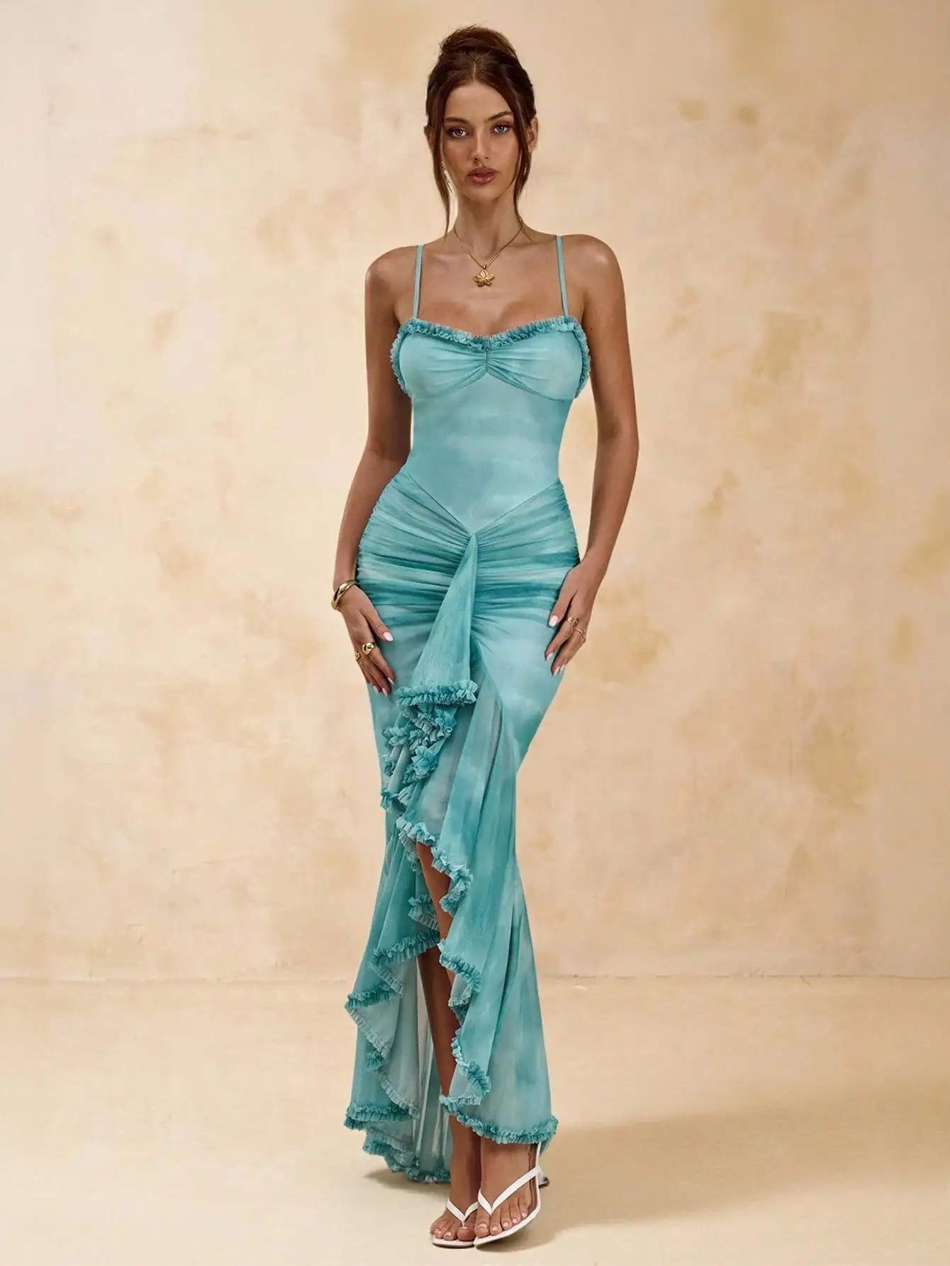

Teal Spaghetti Strap Ruched Maxi Dress with Asymmetrical Ruffle Hem