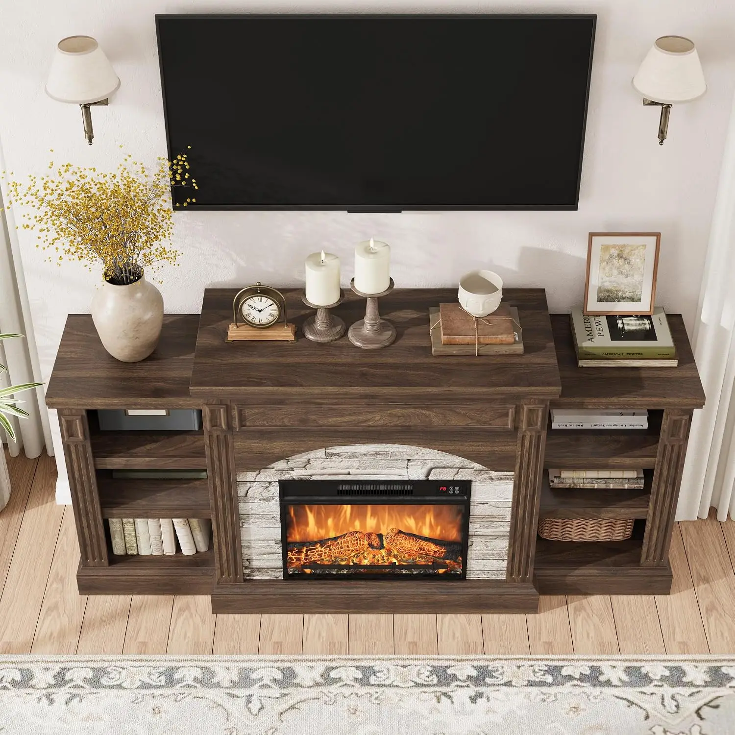 Electric Fireplace TV Stand with Remote & 3D Flame, Wooden Mantel Entertainment Center for 80 Inch TV, Media Console, Customized