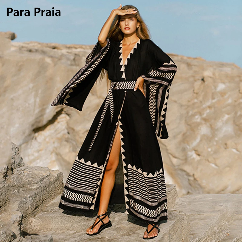 Para Praia Kimono Beach Robe Swimsuit Cover Ups Beachwear Long Flared Sleeve Dress Sarong Women Loose Cardigan Bikini Covers