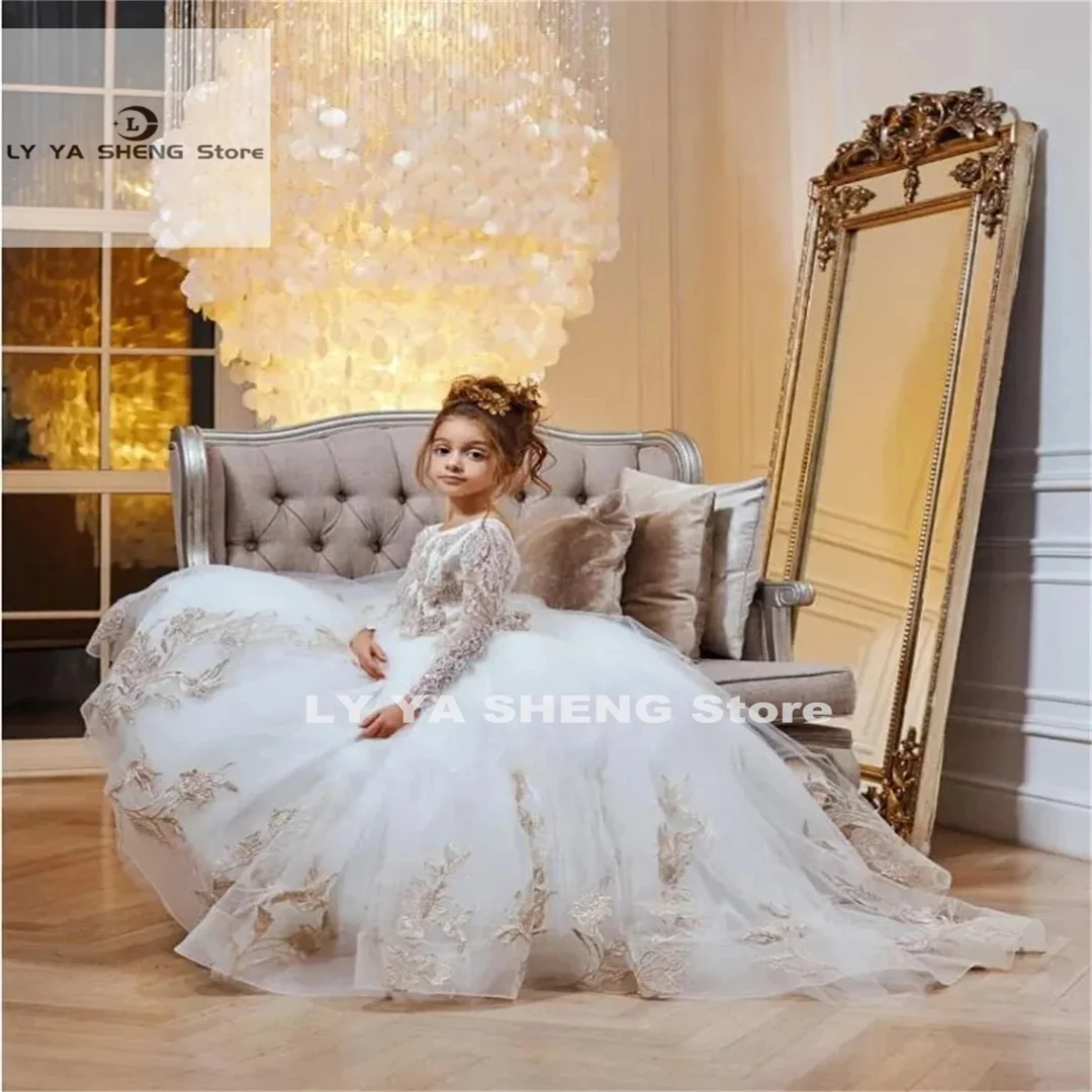 Vestido de encaje de tul esponjoso para niña, vestido de princesa para fiesta de primera comunión, boda, elegante, pequeña flor, champán, nuevo