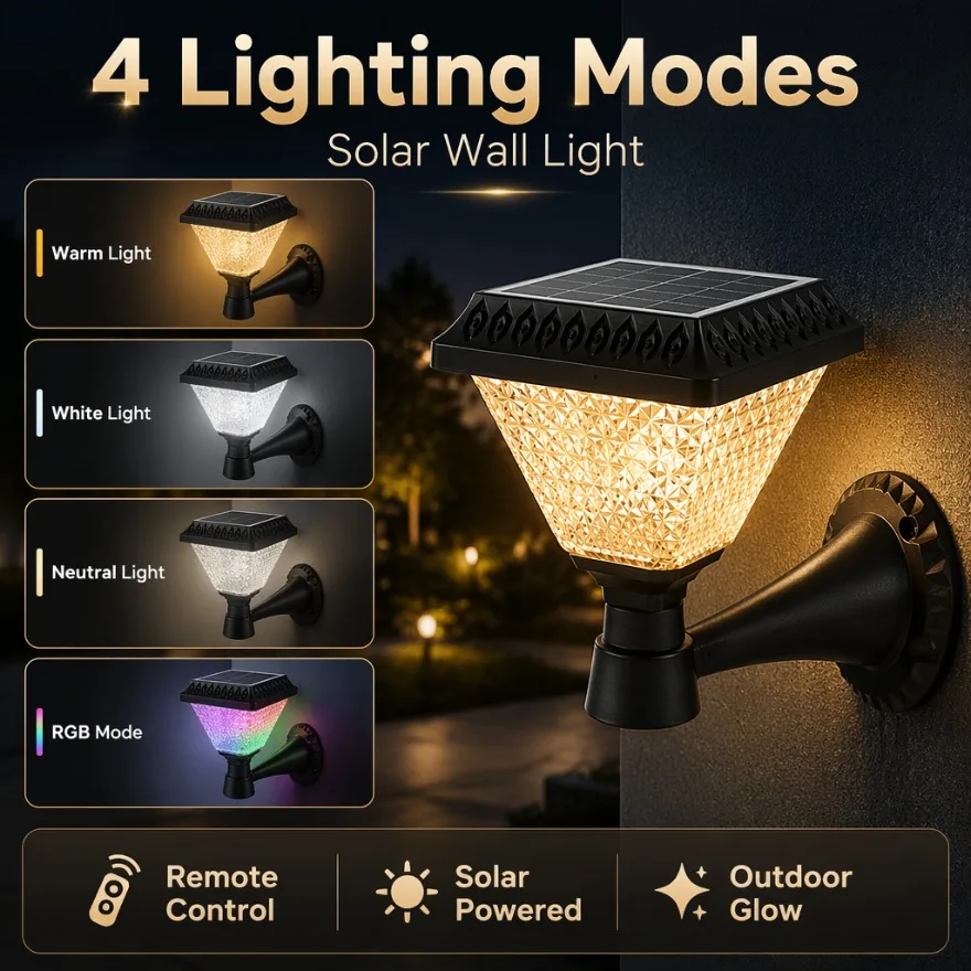 Outdoor Solar Post Light LED Wall Lamp IP65 Waterproof RGB 3 Color Automatic Dusk To Dawn Villa Patio Garden Fence Pillar Light