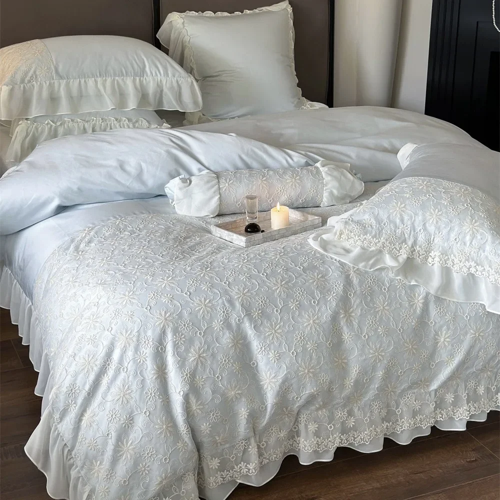 

HZ Fairy Feeling Three-dimensional Lace Water-soluble Embroidery Jacquard Four-piece Set Australian Cotton Chiffon Pleated Lace